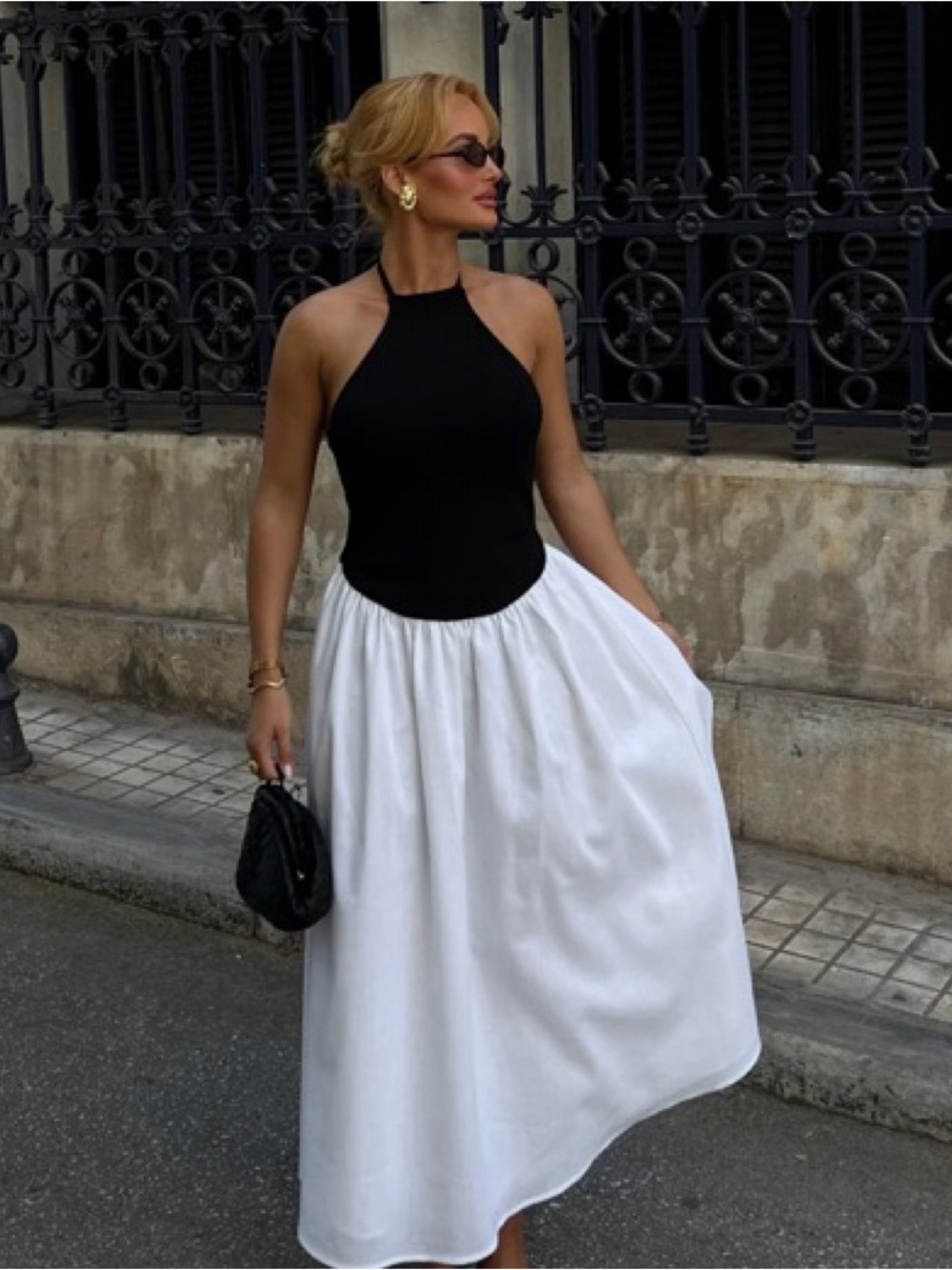 Meshki Katie Knit and Linen Midi Dress Black Halter Top with White Midi Skirt